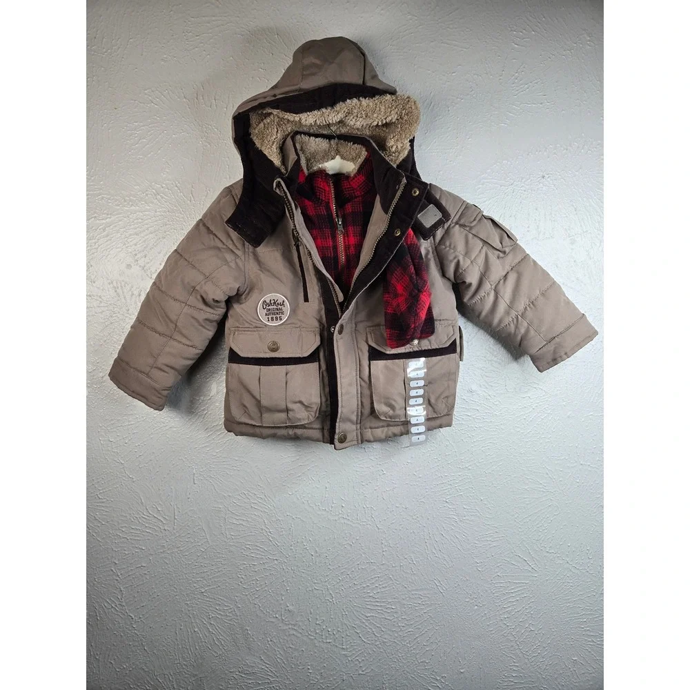 OshKosh Winter Parka Jacket Toddler Boy 4 Tan Plaid Fur Hooded Coat With Beanie
